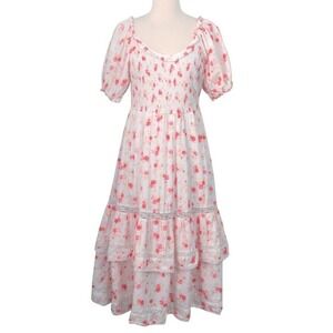 Love Shack Fancy White Pink Floral Lace Ruffle Cotton Cosette Midi Dress-‎ Large